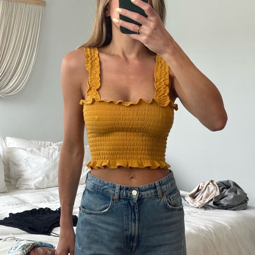 Reformation Yellow Ruffle Crop Top